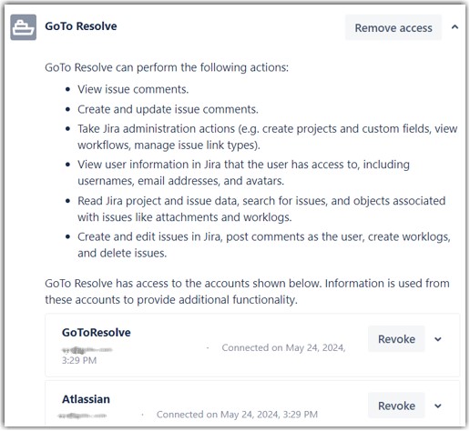 Screenshot der Zugriffsoption für GoTo Resolve in Jira