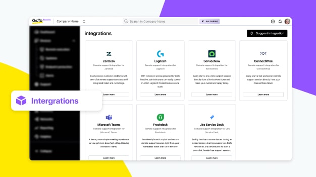 GoTo Resolve-Integrationen für eine nahtlose und effiziente Bearbeitung von Tickets und die Verwaltung von Remotesitzungen.